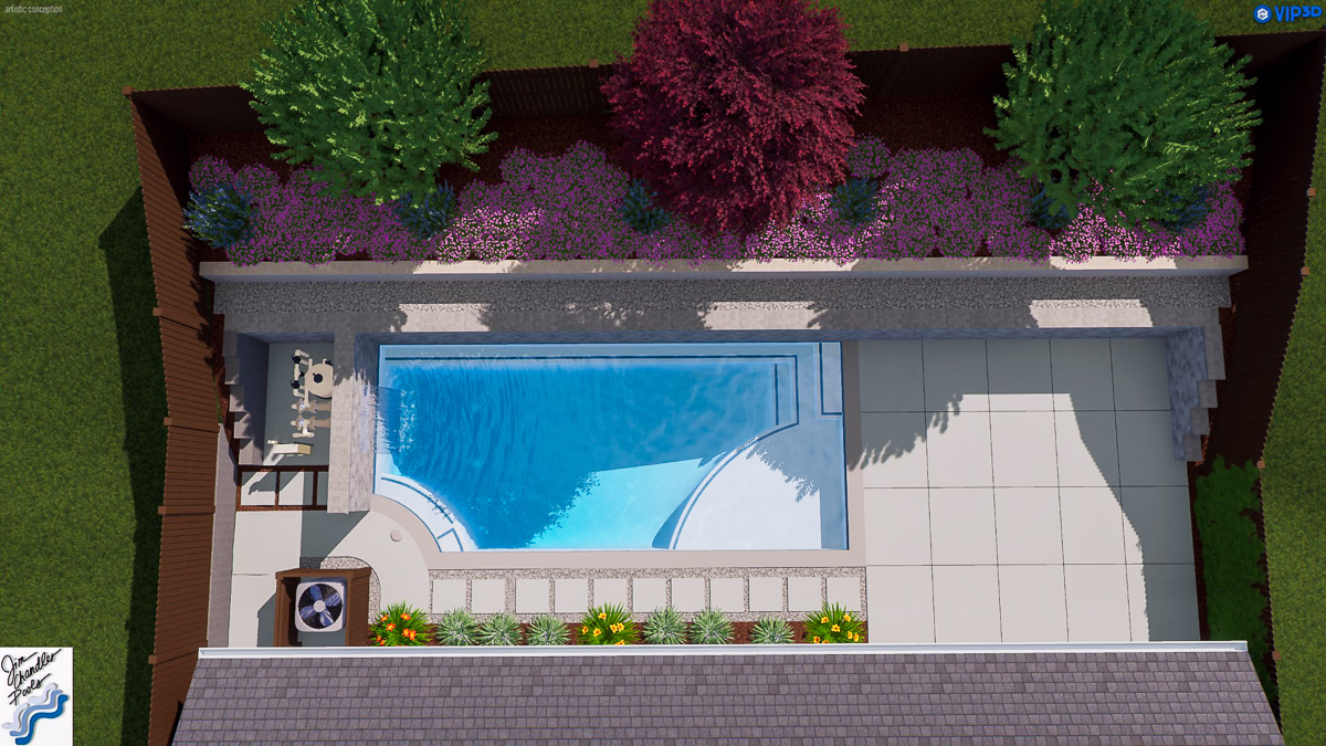 Overhead aerial design view showing pool footprint, structural retaining wall, and patio layout for small yard hillside pool in Rocklin CA