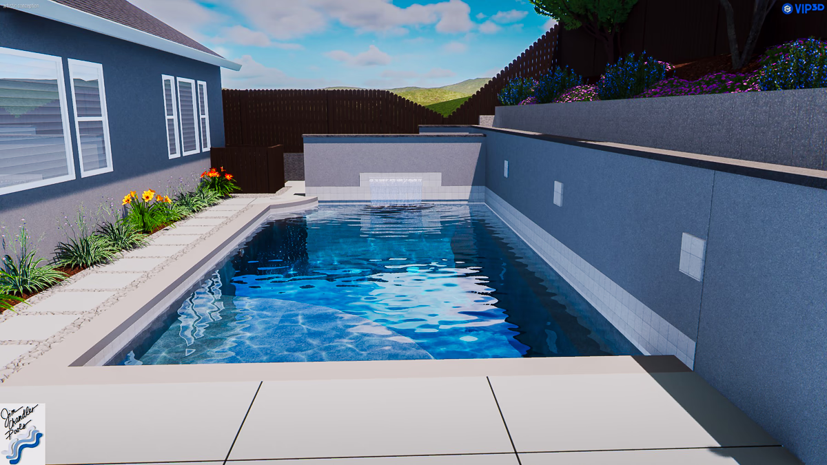 Custom rectangular pool with white tile tanning shelf and raised wall with sheer descent waterfall in small yard hillside build Rocklin CA