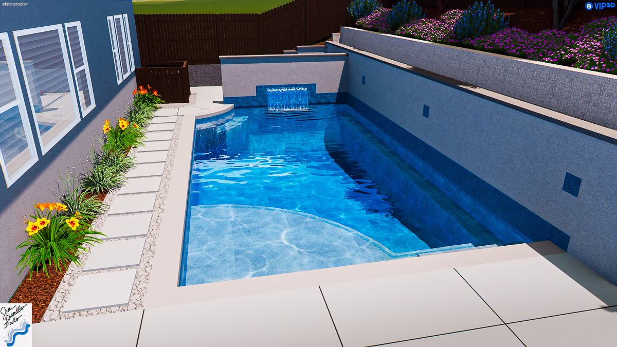 Design study showing blue tile finish option for small yard gunite pool with sheer descent waterfall in Rocklin CA