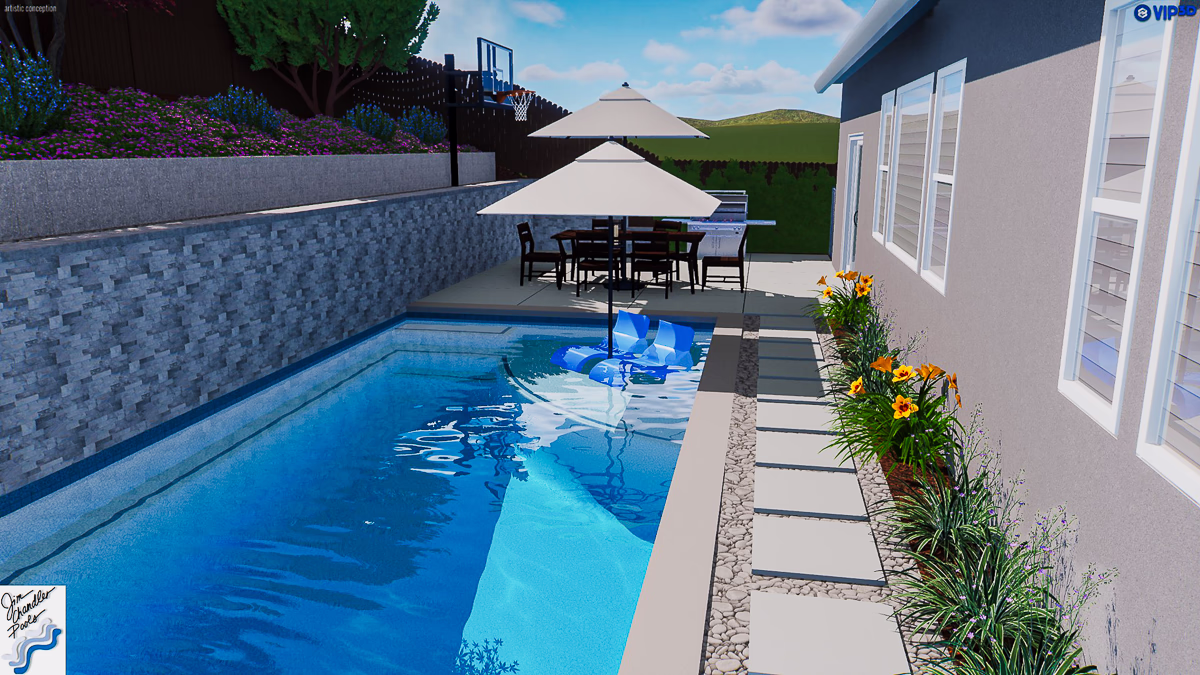 Ground level design view showing retaining wall integration, Cabo shelf, and stepping stone pathway in tight backyard pool build Rocklin CA
