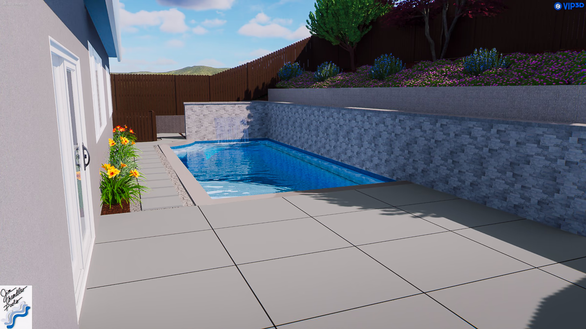 Ground level design view showing full height structural gunite retaining wall and sheer descent waterfall for small yard pool in Rocklin CA