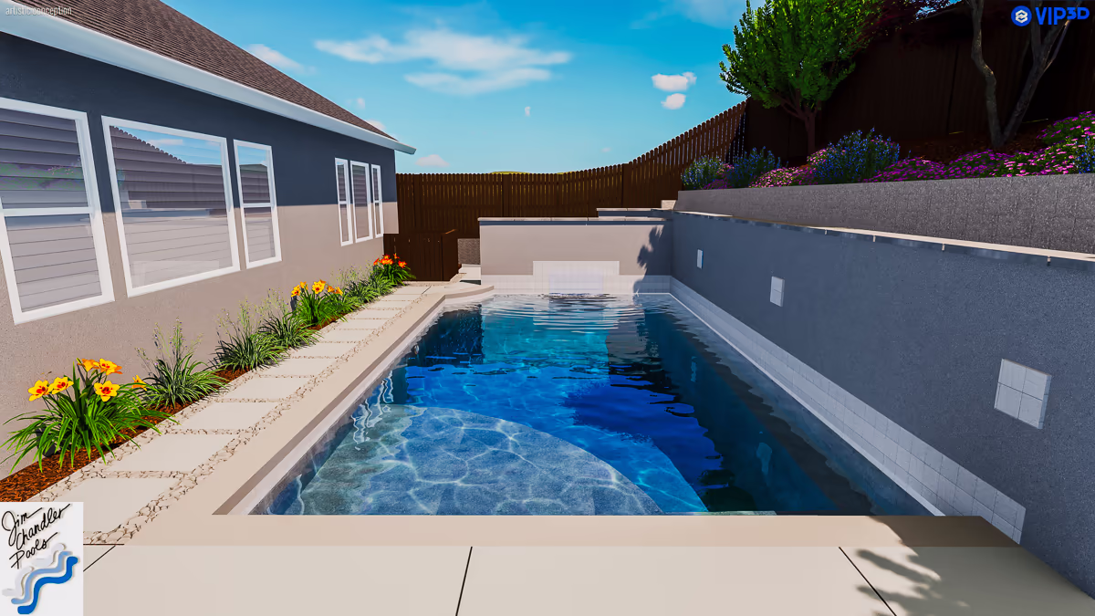 Pool Studio 3D rendering of Rocklin small yard hillside pool with Slate White waterline tile and Tahoe Blue plaster — custom pool design by Jim Chandler Pools