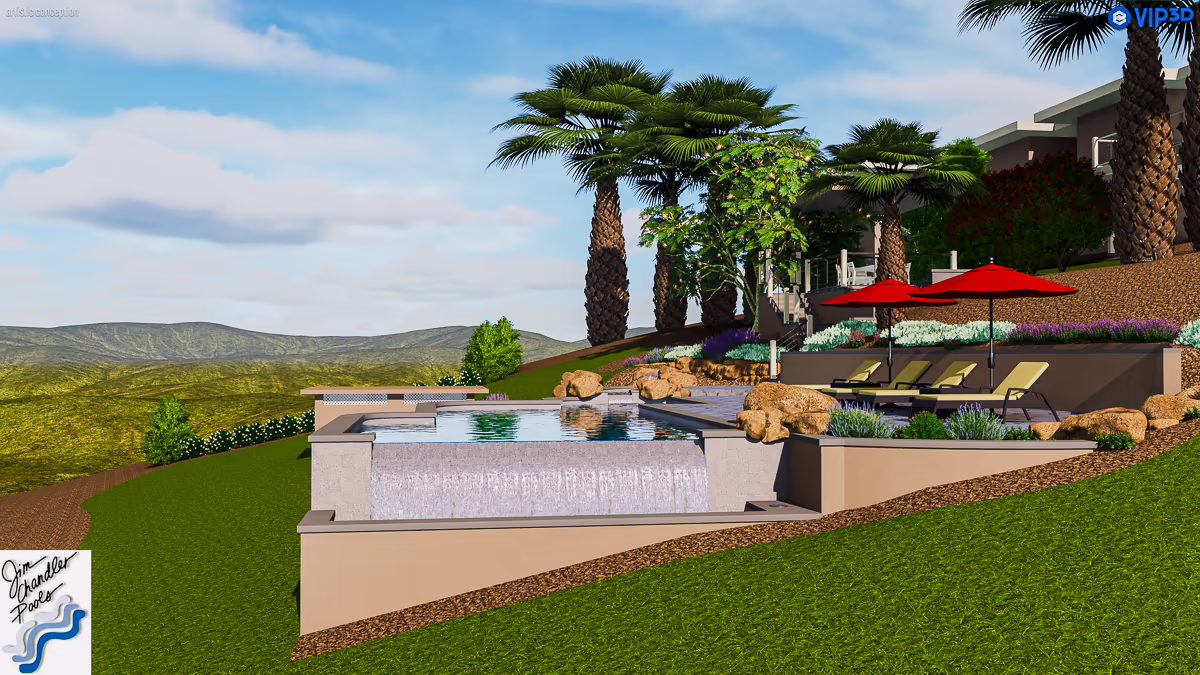 Pool Studio 3D design render of the Auburn vanishing edge pool — elevated pool shell, retaining wall, and hillside site relationship modeled before construction — Jim Chandler Pools