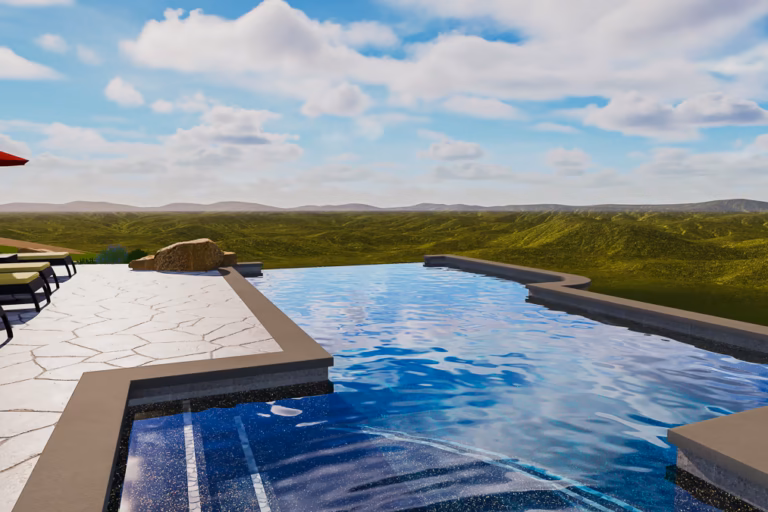 Pool Studio 3D render of the Auburn vanishing edge pool design — patio-level view looking over the vanishing edge weir to the Sacramento Valley hills — Jim Chandler Pools