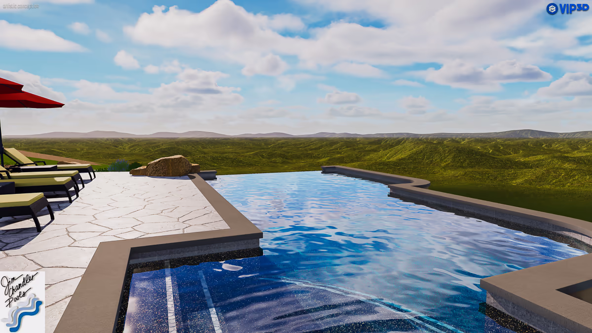Pool Studio 3D render of the Auburn vanishing edge pool design — patio-level view looking over the vanishing edge weir to the Sacramento Valley hills — Jim Chandler Pools