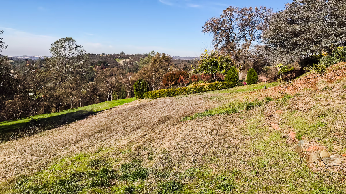 Steep Auburn hillside dropping away to the Sacramento Valley — future site of the Jim Chandler Pools vanishing edge pool before construction began